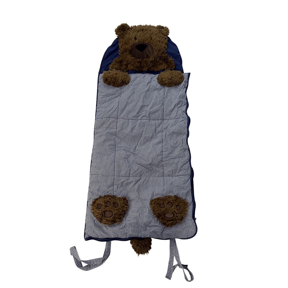 Pottery Barn Kids Shaggy Head Brown Bear Sleeping Bag Blue Gingham No Monogram